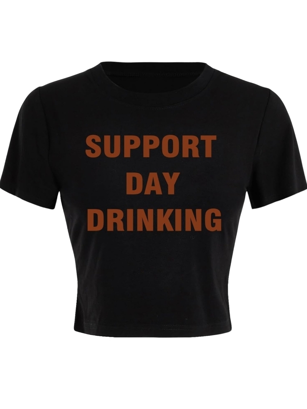 Black Crop Tee with Orange 'SUPPORT DAY DRINKING' Print